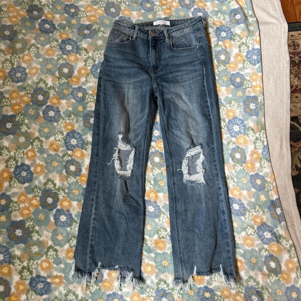 Risen Jeans High-waisted wide-leg distressed ripped denim jeans women's 5/27